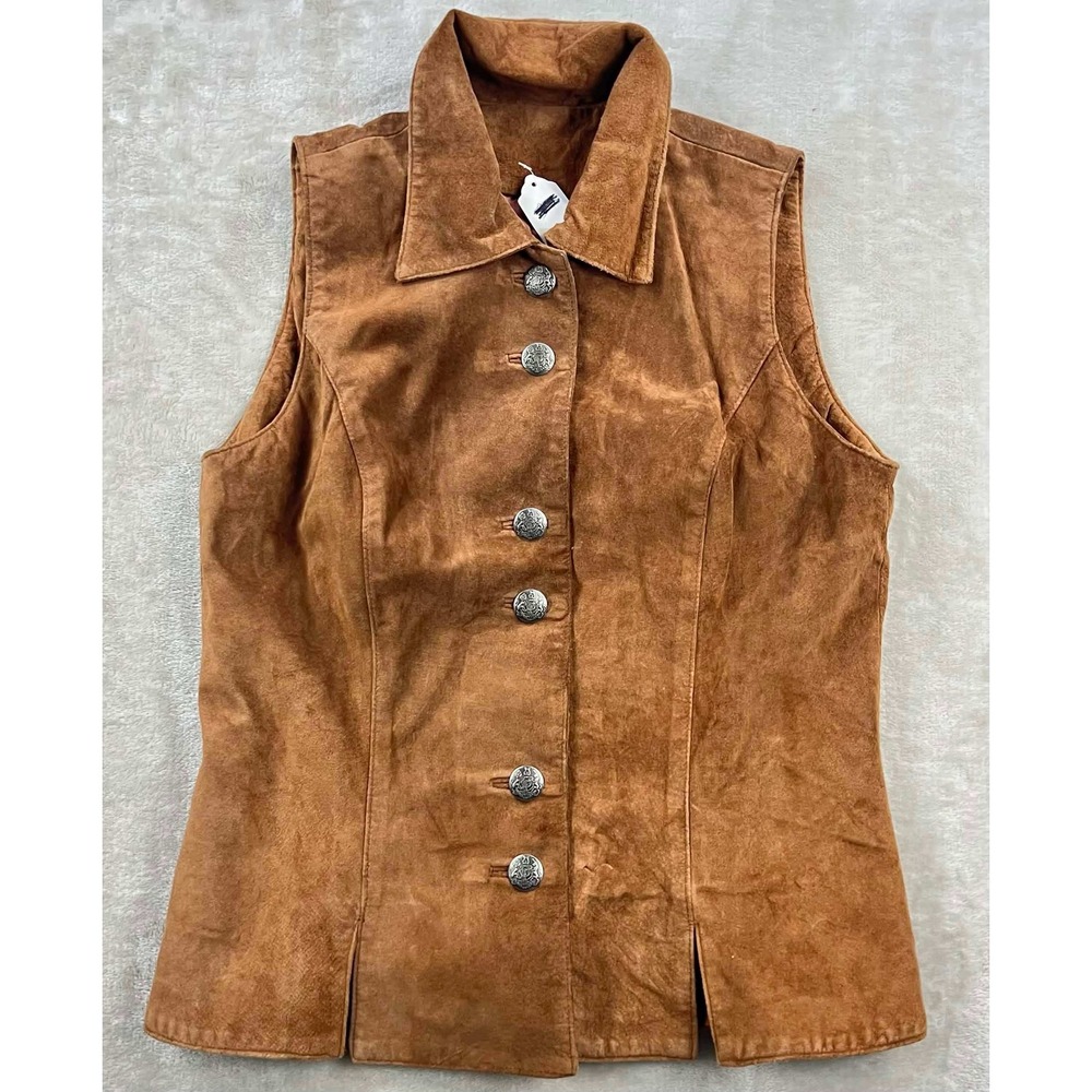 VS2 Victoria's Secret Vintage Suede Leather Vest Brown Western Crest Button S